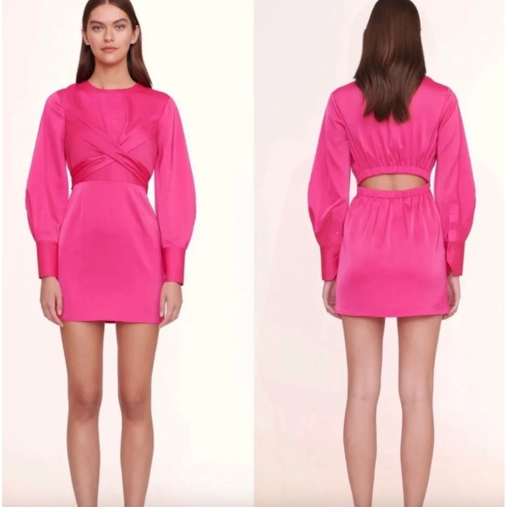 STAUD Crosshill Mini Dress Pink Satin Cutout Back Long Sleeve Cocktail Size‎ M